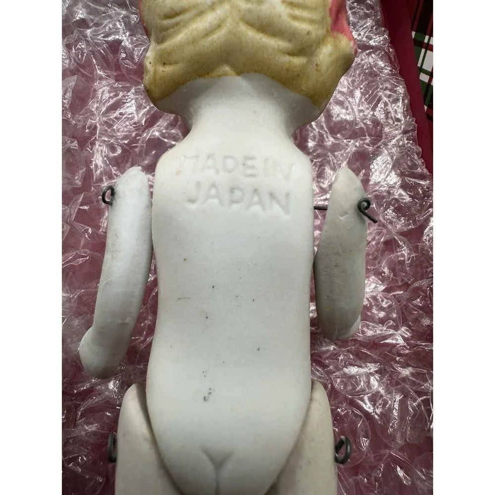 Antique Japanese All Bisque Doll Jointed Arms And Legs Blonde With Pink Bows